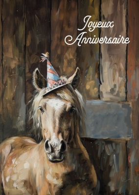 Cheval portant un chapeau de fête devant un fond marron texturé, avec le texte Joyeux Anniversaire en blanc à droite.