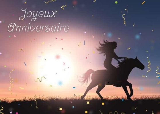 Silhouette d'une femme à cheval sur fond de coucher de soleil, avec des confettis en cascade et le texte Joyeux Anniversaire.