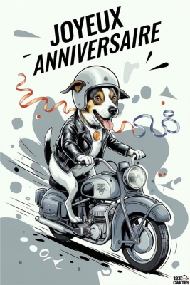 Chien élégant à moto avec casque, célébrant l'anniversaire joyeusement.