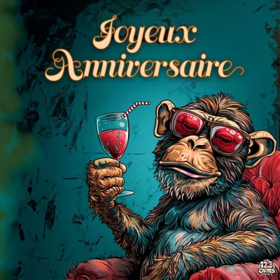 Singe portant des lunettes de soleil tenant un verre, sous le texte Joyeux Anniversaire sur fond coloré.