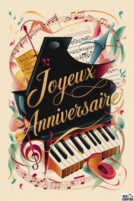 Carte Joyeux Anniversaire avec piano, notes musicales et fleurs colorées, parfaite pour les passionnés de musique.