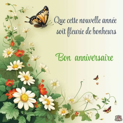 fleurs marguerites et papillons, image joyeux anniversaire
