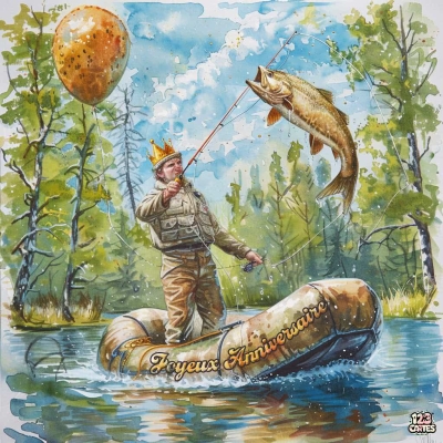 Homme avec une couronne pêche un gros poisson dans une rivière, ballon doré. Texte “Joyeux Anniversaire” sur le bateau.