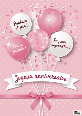 Ballons roses et blancs sur fond à pois, avec messages Bonheur et joie, Douce journée, Rayonne aujourd'hui. Texte Joyeux anniversaire.