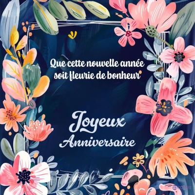 Carte d'anniversaire avec fleurs colorées et texte blanc “Que cette nouvelle année soit fleurie de bonheur. Joyeux Anniversaire.”