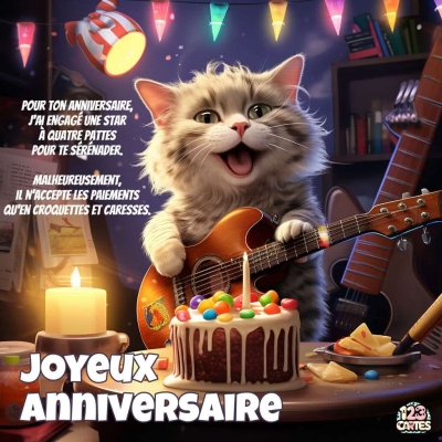 Chat mignon avec guitare devant gâteau d'anniversaire éclairé, guirlande et texte humoristique. Fond festif et coloré.
