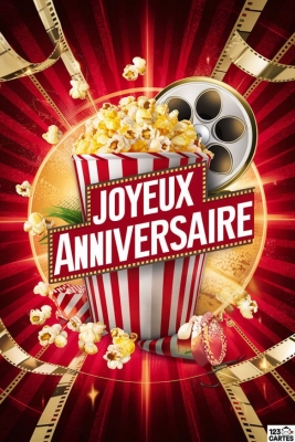 Carte d'anniversaire festive avec pop-corn et rouleau de film pour un thème cinéma. Ambiance joyeuse et éclatante.