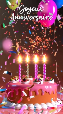 Carte d'anniversaire festive avec gâteau rose, bougies allumées et confettis colorés. Ballons en arrière-plan. Joyeux anniversaire.