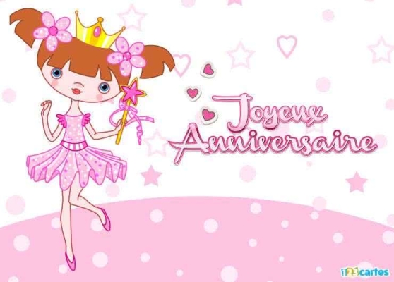 Fée en robe rose avec couronne, tenant une baguette, entourée de cœurs et étoiles. Texte Joyeux Anniversaire en rose.