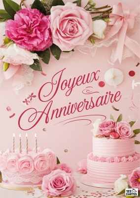 Carte d'anniversaire féminine avec roses roses, gâteaux décorés, bougies et inscription Joyeux Anniversaire sur fond rose.