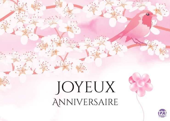 Carte-anniversaire florale, fond rose avec fleurs de cerisier, oiseau rouge posé et texte « Joyeux Anniversaire » au centre.