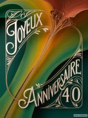 Carte virtuelle anniversaire 40 avec motifs floraux stylisés sur fond vert, élégante et colorée.