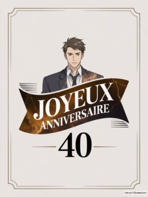 Carte virtuelle anniversaire 40 ans avec un personnage masculin en costume, fond sobre et élégant.