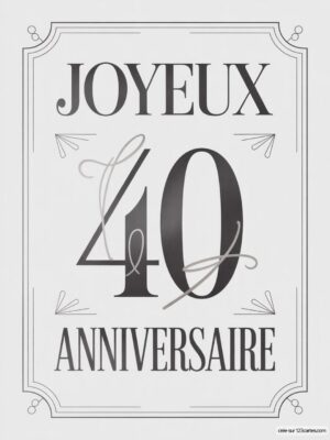 Carte virtuelle anniversaire 40 ans avec design élégant en noir et blanc, typographie festive.