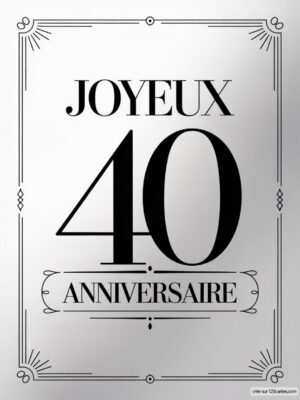 Carte virtuelle 40e anniversaire élégante, design noir et blanc avec typographie stylisée.