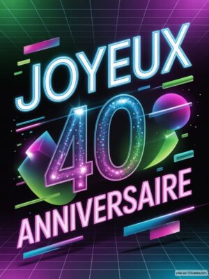 Carte virtuelle joyeux 40 anniversaire, design rétro avec lumières néon vibrantes et fond sombre.