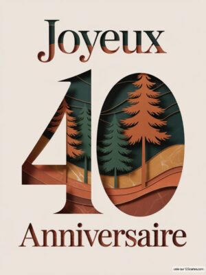 Carte virtuelle anniversaire 40 ans, design boisé avec arbres stylisés et couleurs chaudes.