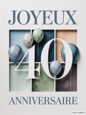 Carte virtuelle anniversaire 40 ans avec ballons pastel et fond géométrique doux.