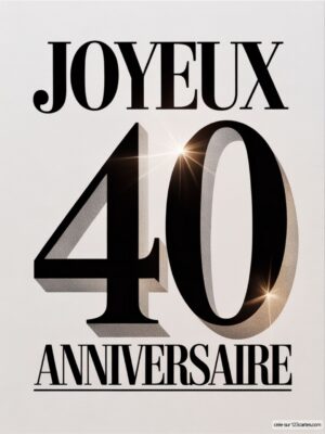 Carte virtuelle Joyeux 40 anniversaire en noir et blanc avec typographie élégante, éléments graphiques brillants.