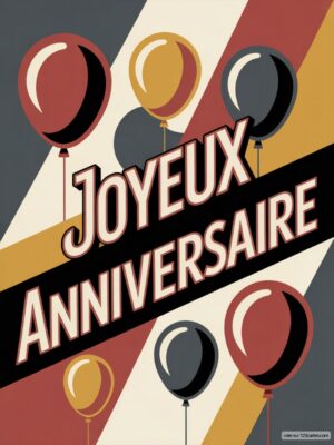 Carte virtuelle anniversaire avec ballons colorés sur fond géométrique, design rétro et ambiance festive.