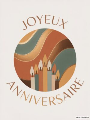 Carte virtuelle anniversaire avec bougies stylisées, fond cercle tons terreux et or, design graphique.