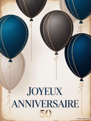 Carte virtuelle anniversaire 50 ans, ballons bleu nuit, noir et blanc sur fond parchemin.