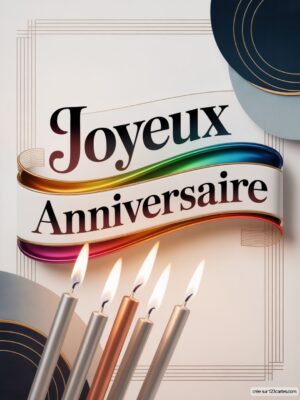 Carte virtuelle anniversaire élégante avec ruban arc-en-ciel et bougies métalliques allumées.