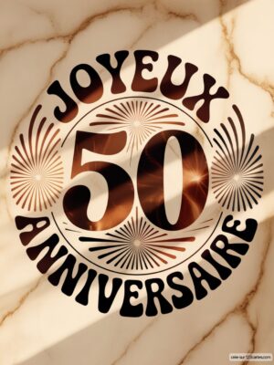 Carte virtuelle 50e anniversaire style rétro, texte noir sur fond marbre beige, numérique.