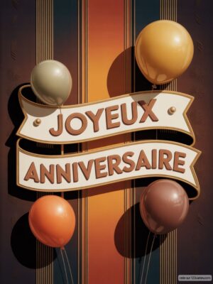 Carte virtuelle anniversaire style rétro avec banderole «Joyeux Anniversaire« et ballons, fond rayé.