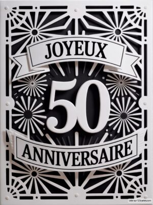 Carte virtuelle 50 anniversaire Art Déco noir et blanc, design graphique ajouré et impactant.