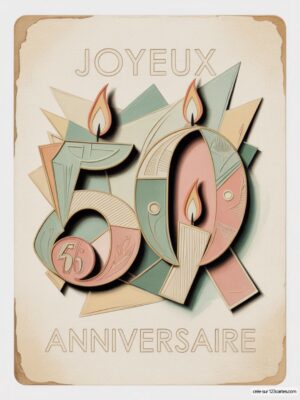 Carte virtuelle 50e anniversaire Art Déco, chiffres 50 stylisés avec flammes, fond pastel.