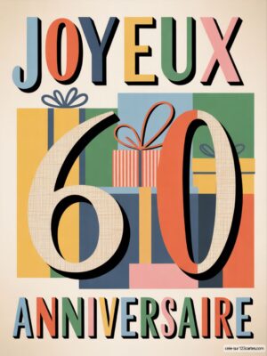 Carte virtuelle 60 ans anniversaire colorée, style rétro avec cadeaux, format numérique.