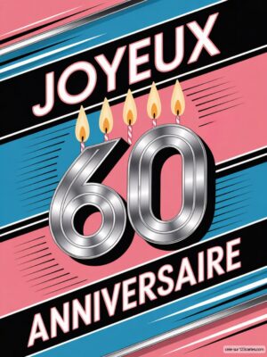 Carte virtuelle 60e anniversaire avec chiffres argentés et bougies, fond bleu-rose dynamique.