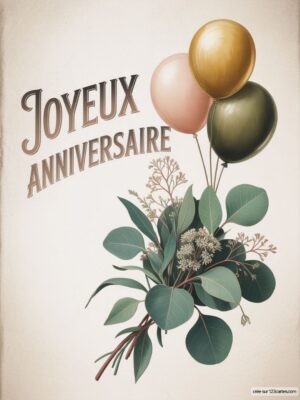 Carte virtuelle anniversaire élégante, ballons or-rose-vert et feuillage eucalyptus, fond vintage.