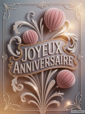 Carte virtuelle anniversaire élégante, relief 3D gris et rose poudré, ballons velours.