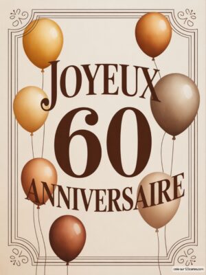 Carte virtuelle 60 anniversaire style rétro, ballons marron-doré, fond beige.