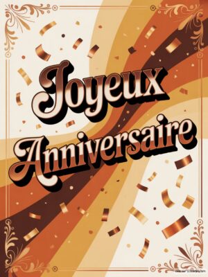 Carte virtuelle anniversaire style rétro avec texte 3D marron et confettis dorés animés.