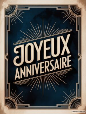 Carte virtuelle anniversaire Art Déco bleu nuit, texte doré et bordure géométrique, animée.