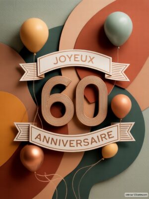 Carte virtuelle 60e anniversaire avec chiffres 3D, ballons pastels et fond papier découpé.