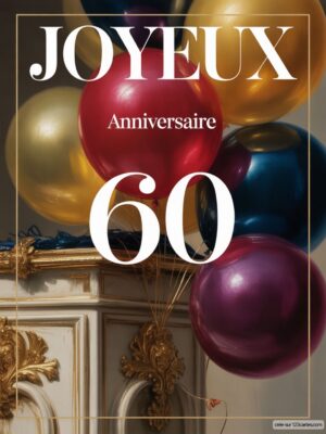 Carte virtuelle anniversaire 60 ans, ballons brillants rouges-or-bleu sur fond meuble doré.