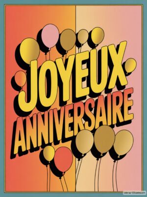 Carte virtuelle anniversaire style pop art, texte jaune et ballons dorés, fond dégradé.
