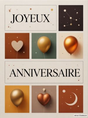 Carte virtuelle anniversaire style collage, ballons or et cœur, ambiance terre cuite.