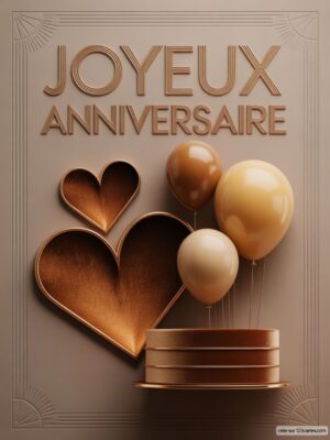 Carte virtuelle anniversaire élégante, fond taupe, cœurs or et ballons champagne, style numérique.