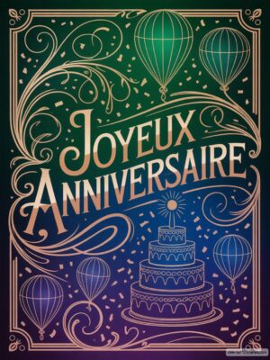 Carte virtuelle anniversaire style Art Déco, fond dégradé bleu et vert, gâteau et montgolfières, animée.