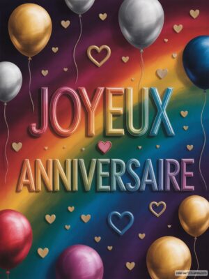 Carte virtuelle anniversaire arc-en-ciel, texte 3D coloré, ballons et cœurs dorés.