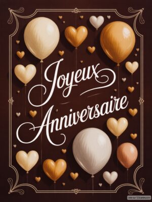Carte virtuelle anniversaire marron foncé, ballons et cœurs or et blanc, texte élégant, animée.