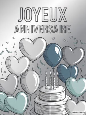 Carte virtuelle anniversaire sobre, gâteau et ballons cœurs gris et bleu, fond dégradé.