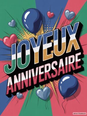 Carte virtuelle anniversaire style pop art, texte coloré, ballons et cœurs, fond rayé dynamique.