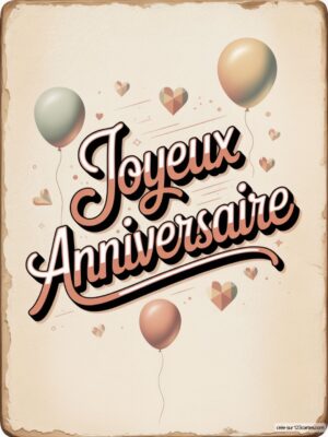 Carte virtuelle anniversaire style rétro avec ballons pastel et cœurs, fond beige vieilli.