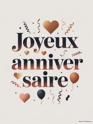 Carte virtuelle anniversaire sobre, texte noir et cuivré, cœurs et confettis animés.